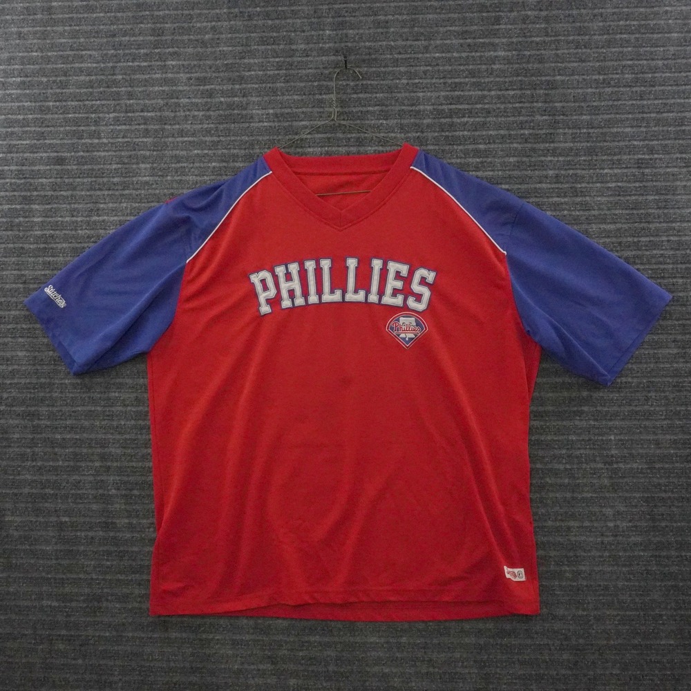 Stitches Philadelphia Phillies Baseball Jersey Mens XL Red Blue Mesh V-Neck